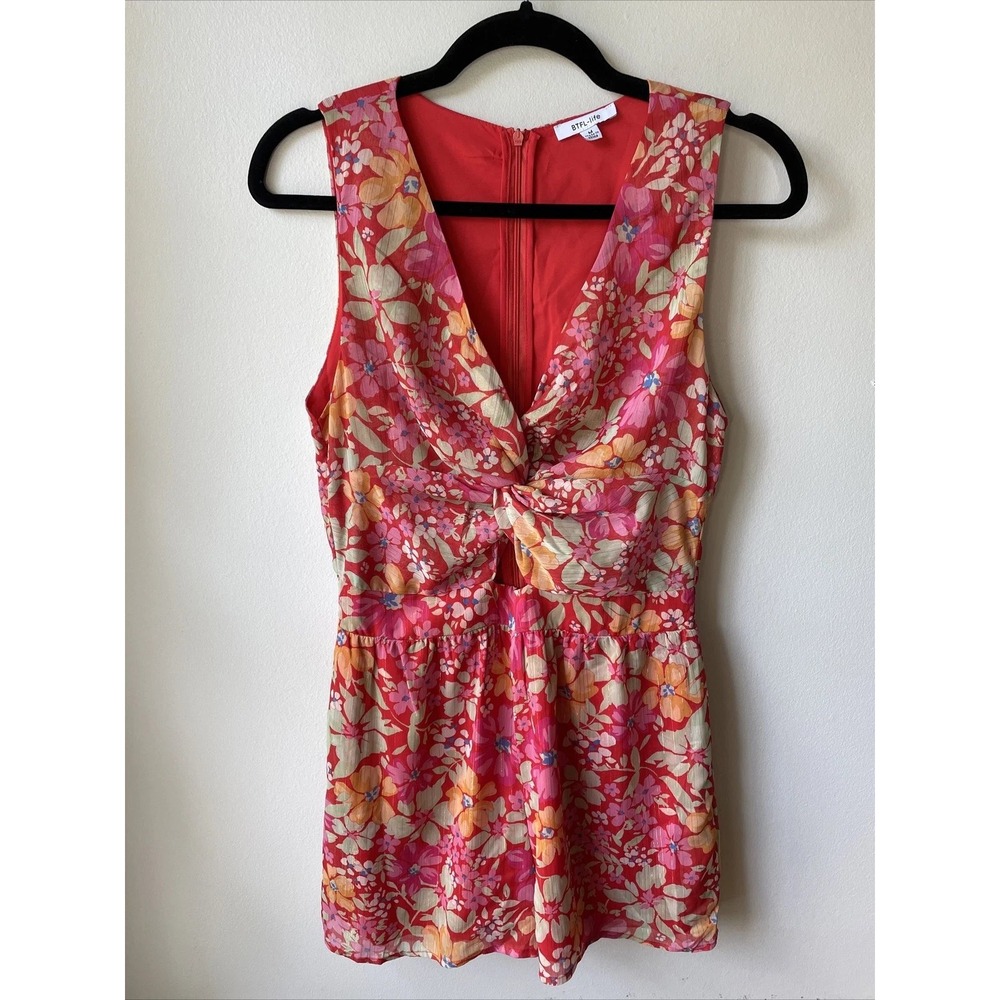 BTFL-life Floral Romper Women Medium Red Twist Front Cutout Boho Summer Babydoll